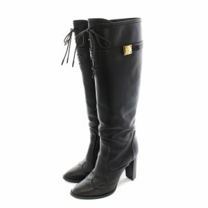 ロングブーツ レースアップ アーモンドトゥ チャンキーヒール レザー LV金具 ベルトデザイン 37 23.5cm