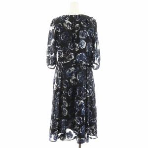 TO BE CHIC ワンピース ミモレ ロング 7分袖 ベロア フラワー 花柄 40 紺 ネイビー W5J10-645-09