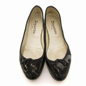 Repetto パンプス ローヒール エナメル ラウンドトゥ リボン 靴 シューズ 38 黒 ブラック /EE
