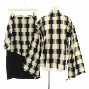 セットアップ 上下 ブラウス カットソー 2way チェックレイヤードスカート ロング フレア 36 黒
