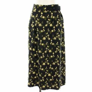 フラワーエンブロイダリースカート ロング フレア 花柄 刺繍 ベルト 36 黒 ブラック 黄 イエロー
