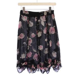 フレアスカート ひざ丈 フリル 花柄 シルク I38 黒 /BM