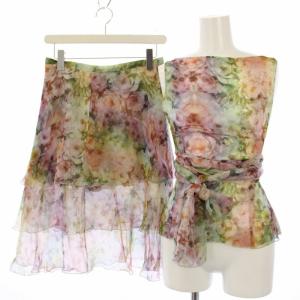 セットアップ 上下 シルク カットソー ノースリーブ スカート ひざ丈 花柄 40/4 マルチカラー /TK
