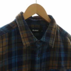 X-LARGE ヘビーウェストフランネルシャツ チェック 長袖 ロゴ刺繍 XL ネイビー ベージュ 101223014006