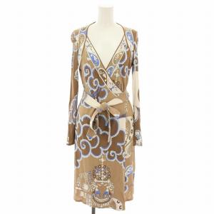 ラップワンピース ひざ丈 カシュクール 長袖 総柄 プッチ柄 リボン 38 茶 ブラウン サックスブルー