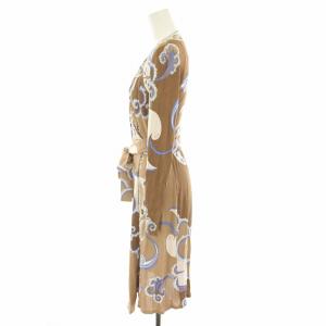 Emilio Pucci ラップワンピース ひざ丈 カシュクール 長袖 総柄 プッチ柄 リボン 38 茶 ブラウン サックスブルー