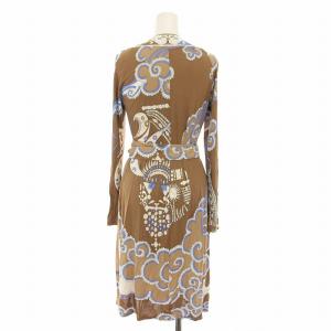 Emilio Pucci ラップワンピース ひざ丈 カシュクール 長袖 総柄 プッチ柄 リボン 38 茶 ブラウン サックスブルー
