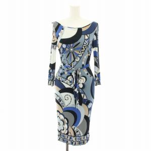 ワンピース ひざ丈 長袖 総柄 プッチ柄 リボンベルト 40 青 ブルー 黒 ブラック 76RH51 /YT