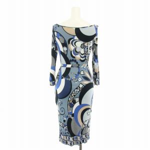 Emilio Pucci ワンピース ひざ丈 長袖 総柄 プッチ柄 リボンベルト 40 青 ブルー 黒 ブラック 76RH51 /YT