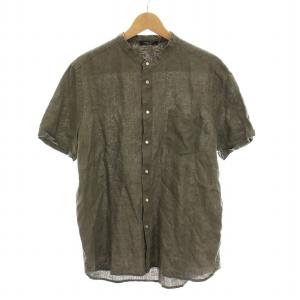 リネンシャツ バンドカラー 半袖 48 カーキ /YM