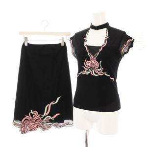 セットアップ 上下 シアー カットソー 総柄 刺繍 スカート ひざ丈 0 黒 黄緑 ピンク 016-110522