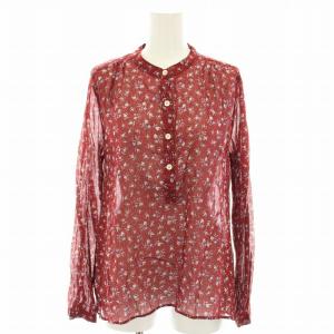 シャツ ブラウス バンドカラー ハーフボタン 長袖 花柄 タグ付き 34 赤 レッド ボルドー 78-01-06-01007