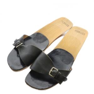 サンダル ヒール ウッド レザー 37 黒 ブラック /AN35 D