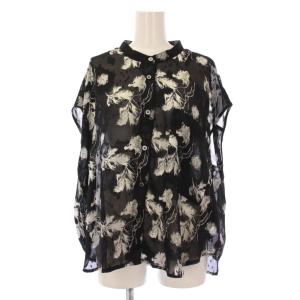 24SS サマーリーフブラウス シャツ 半袖 バンドカラー シアー シースルー 総柄 F 黒 24051400020020