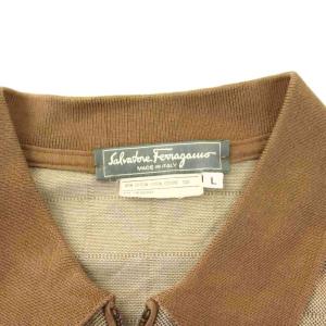 Salvatore Ferragamo ガンチーニ ポロシャツ カットソー 鹿の子 半袖 ハーフジップ チェック柄 コットン L 茶 ブラウン