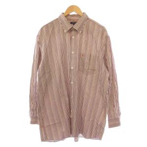 シャツ 長袖 ボタンダウン ストライプ柄 ロゴ刺繍 4L 白 茶 /BM