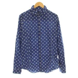 AJ Slim カジュアルシャツ 長袖 総柄 コットン M 青 ブルー 白 ホワイト C24MC C6