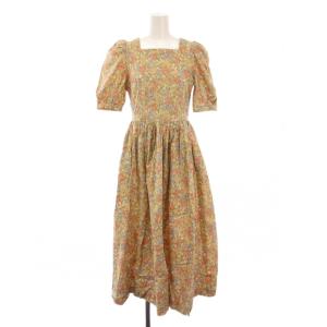 ワンピース ロング 半袖 スクエアネック 花柄 7 ベージュ /BM