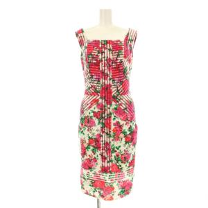 ワンピース タイト ミモレ ロング ノースリーブ スクエアネック 花柄 0 ピンク 白 ホワイト 緑 グリーン