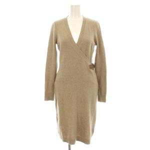 ニットワンピース ひざ丈 長袖 カシュクール サイドベルト ウール XS ベージュ 200808234001