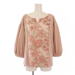 シャツ ブラウス 七分袖 スキッパーネック 切替 レース 刺繍 スパンコール 40 ピンク /BM