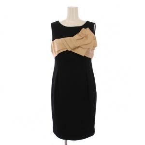 リボン配色ワンピース ひざ丈 ノースリーブ 36 黒 ピンク 14435063 /BM