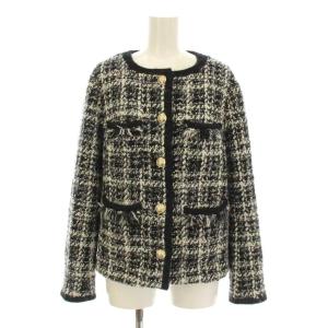 22AW ラメツイードジャケット ノーカラー フリンジ 金ボタン ウール混 36 黒 ブラック 白 ホワイト