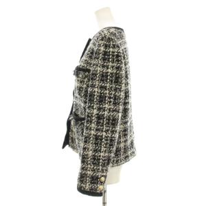 Diagram 22AW ラメツイードジャケット ノーカラー フリンジ 金ボタン ウール混 36 黒 ブラック 白 ホワイト