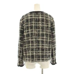 Diagram 22AW ラメツイードジャケット ノーカラー フリンジ 金ボタン ウール混 36 黒 ブラック 白 ホワイト