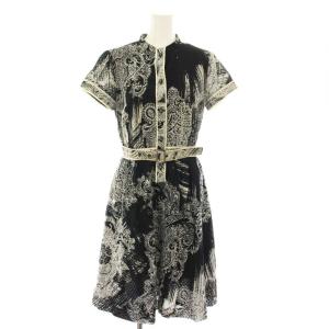 ファッション FASHION ワンピース ひざ丈 半袖 レース 総柄 ベルト付き 黒 ブラック 白 ホワイト