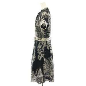 LEONARD ファッション FASHION ワンピース ひざ丈 半袖 レース 総柄 ベルト付き 黒 ブラック 白 ホワイト