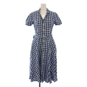 シャツ ワンピース ロング 半袖 チェック柄 ベルト付き リネン 00 青 白 /BM