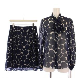 セットアップ 上下 シャツ ブラウス 長袖 フレアスカート ひざ丈 総柄 シアー シースルー 1 ネイビー