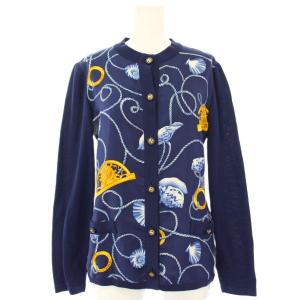 カーディガン シルク 総柄 切替 長袖 36 青 /TK