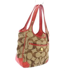 COACH トートバッグ ハンドバッグ シグネチャー ベージュ 赤 11603 /TK D
