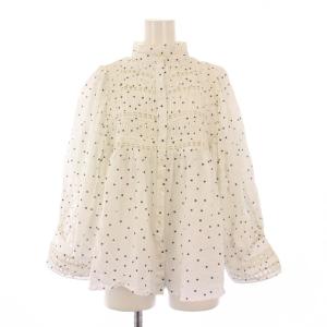 23SS タックブラウス シャツ 長袖 パフスリーブ スタンドカラー バイカラー ドット柄 F 白 ホワイト