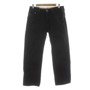 パンツ レザーパッチ ジップフライ M 黒 ブラック ストライプ柄 /KU