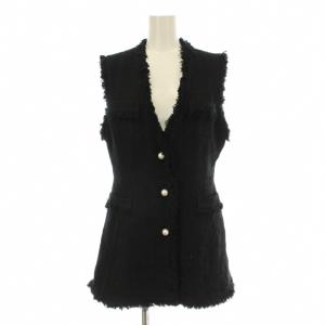 パールボタンツイードジレ ベスト フリンジ ウール混 36 黒 ブラック 0313150377 /KU