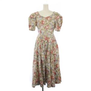 ワンピース ロング 半袖 花柄 9AR ベージュ ピンク /BM