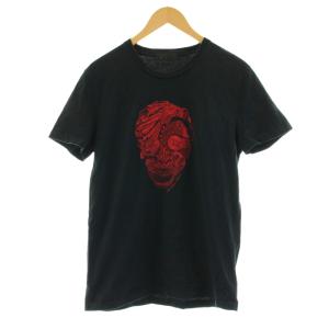 Tシャツ カットソー 半袖 クルーネック スカル ヘビ柄 刺繍 M 黒 ブラック 174981 /KU