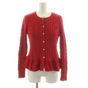 ニットカーディガン XL 赤 レッド ケーブル編み 長袖 フリル裾 /AN32