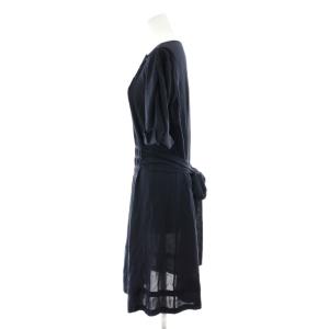 BALENCIAGA SILK ワンピース フレア ひざ丈 半袖 ピンタック リボン シルク 38 紺 ネイビー 210907