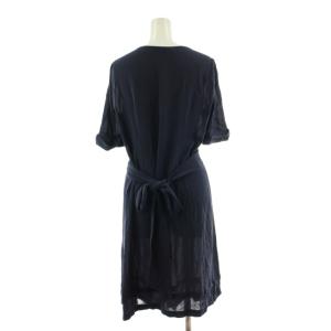 BALENCIAGA SILK ワンピース フレア ひざ丈 半袖 ピンタック リボン シルク 38 紺 ネイビー 210907