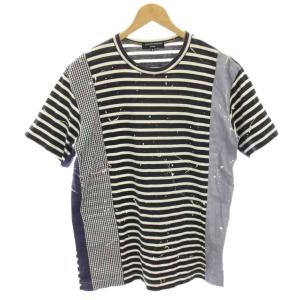 AD2011 Tシャツ カットソー 半袖 ボーダー チェック 切替デザイン ペイント加工 S 紺 ネイビー