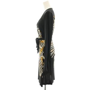 DIANE von FURSTENBERG ワンピース カシュクール 絹 シルク 2 黒 ブラック 茶 ブラウン 総柄 長袖 ひざ丈 /HN