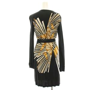 DIANE von FURSTENBERG ワンピース カシュクール 絹 シルク 2 黒 ブラック 茶 ブラウン 総柄 長袖 ひざ丈 /HN