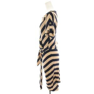 DIANE von FURSTENBERG ワンピース 絹 シルク 2 ベージュ 紺 ネイビー ストライプ 半袖 アシンメトリー ひざ丈 /HN