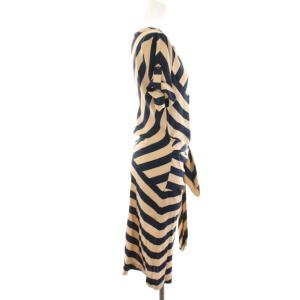 DIANE von FURSTENBERG ワンピース 絹 シルク 2 ベージュ 紺 ネイビー ストライプ 半袖 アシンメトリー ひざ丈 /HN