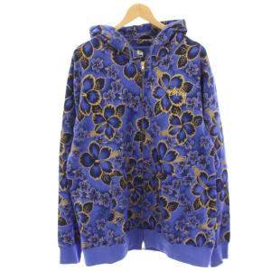 パーカー スウェット ジップアップ 花柄 プリント 長袖 XL 青 ブルー /HN