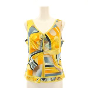 FASHION タンクトップ ノースリーブ カットソー LL 黄色 イエロー Vネック 総柄 0339173